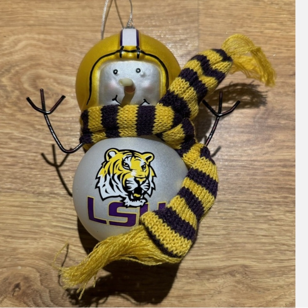 LSU Tigers NCAA College Collegiate Football 5.5" Blown Glass Snowman Ornament